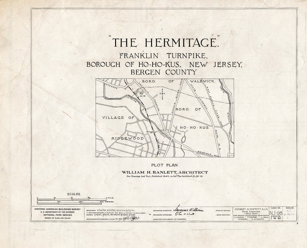 Historic Pictoric : Blueprint HABS NJ,2-HOHO,1- (Sheet 0 of 20) - Hermitage, 335 North Franklin Turnpike, Ho-Ho-Kus, Bergen County, NJ