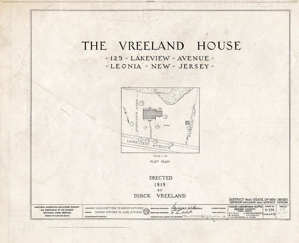 Historic Pictoric : Blueprint HABS NJ,2-Leo,1- (Sheet 0 of 15) - Vreeland House, 125 Lakeview Avenue, Leonia, Bergen County, NJ