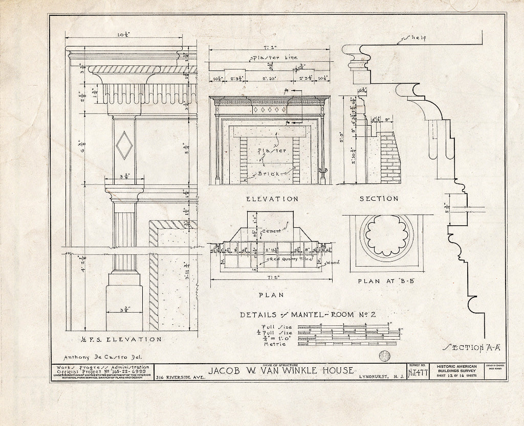 Historic Pictoric : Blueprint HABS NJ,2-LYND,1- (Sheet 12 of 16) - Jacob W. Van Winkle House, 316 Riverside Avenue, Lyndhurst, Bergen County, NJ