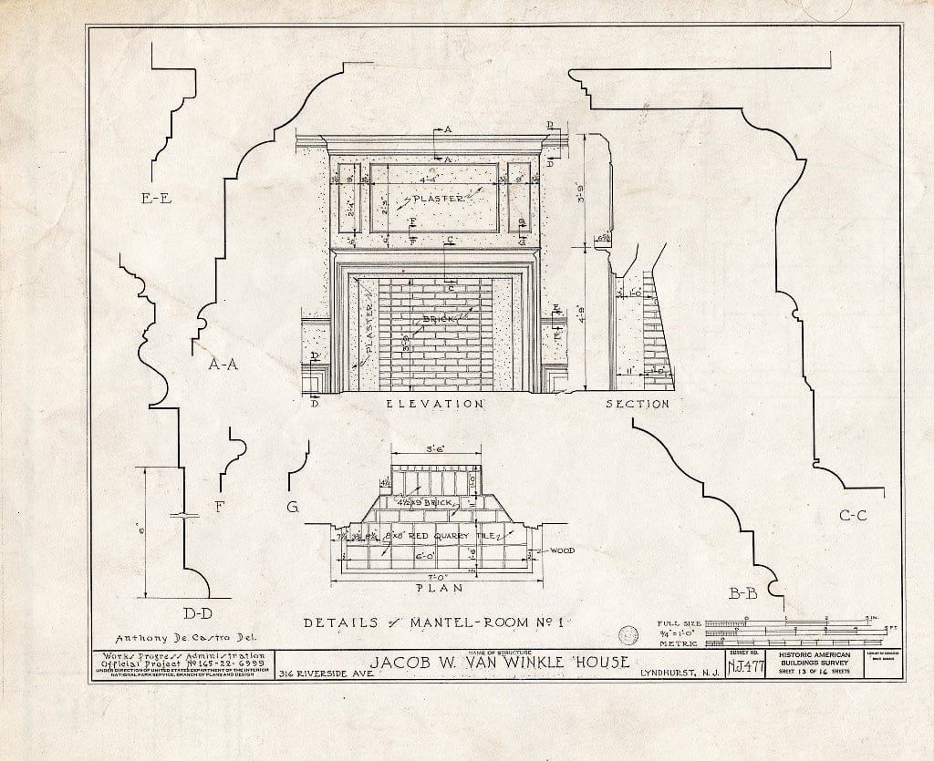 Historic Pictoric : Blueprint HABS NJ,2-LYND,1- (Sheet 13 of 16) - Jacob W. Van Winkle House, 316 Riverside Avenue, Lyndhurst, Bergen County, NJ