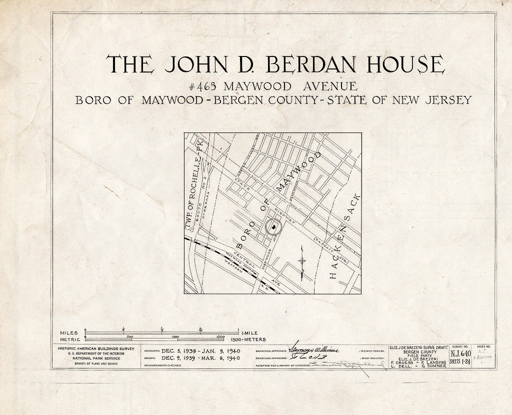 Historic Pictoric : Blueprint HABS NJ,2-MAYWO,1- (Sheet 0 of 24) - John D. Berdan House, 465 Maywood Avenue, Maywood, Bergen County, NJ