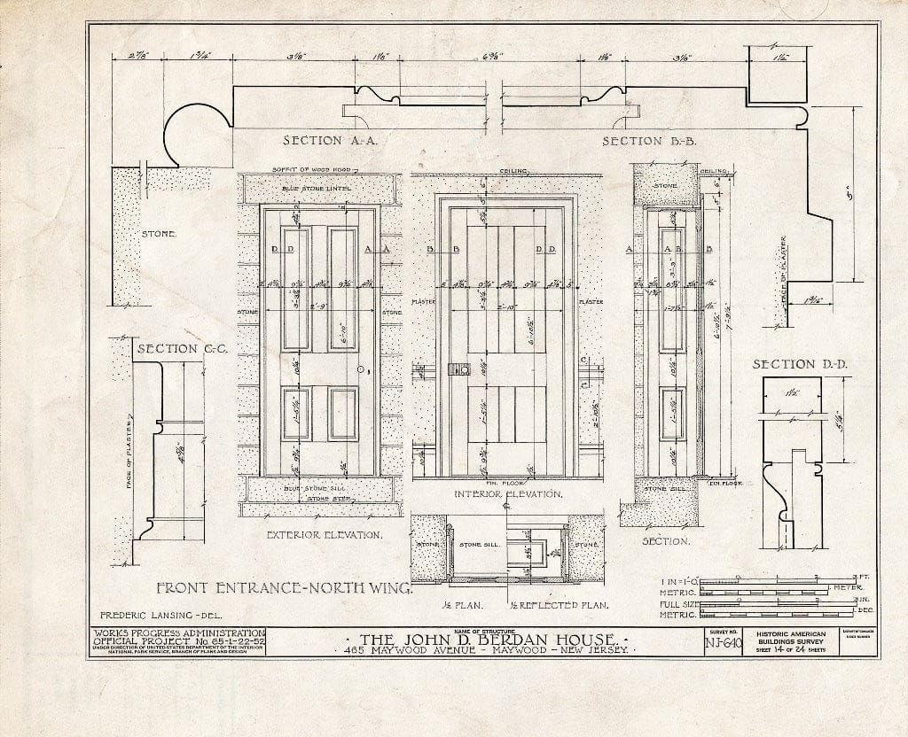 Historic Pictoric : Blueprint HABS NJ,2-MAYWO,1- (Sheet 14 of 24) - John D. Berdan House, 465 Maywood Avenue, Maywood, Bergen County, NJ