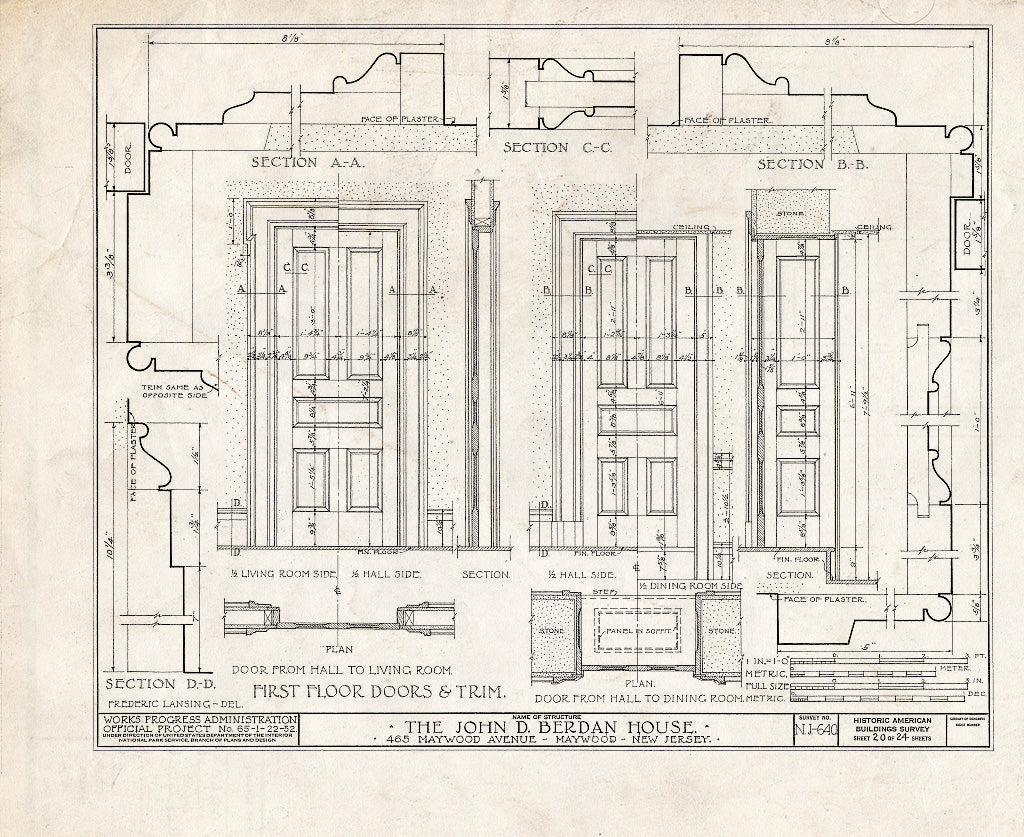 Historic Pictoric : Blueprint HABS NJ,2-MAYWO,1- (Sheet 20 of 24) - John D. Berdan House, 465 Maywood Avenue, Maywood, Bergen County, NJ