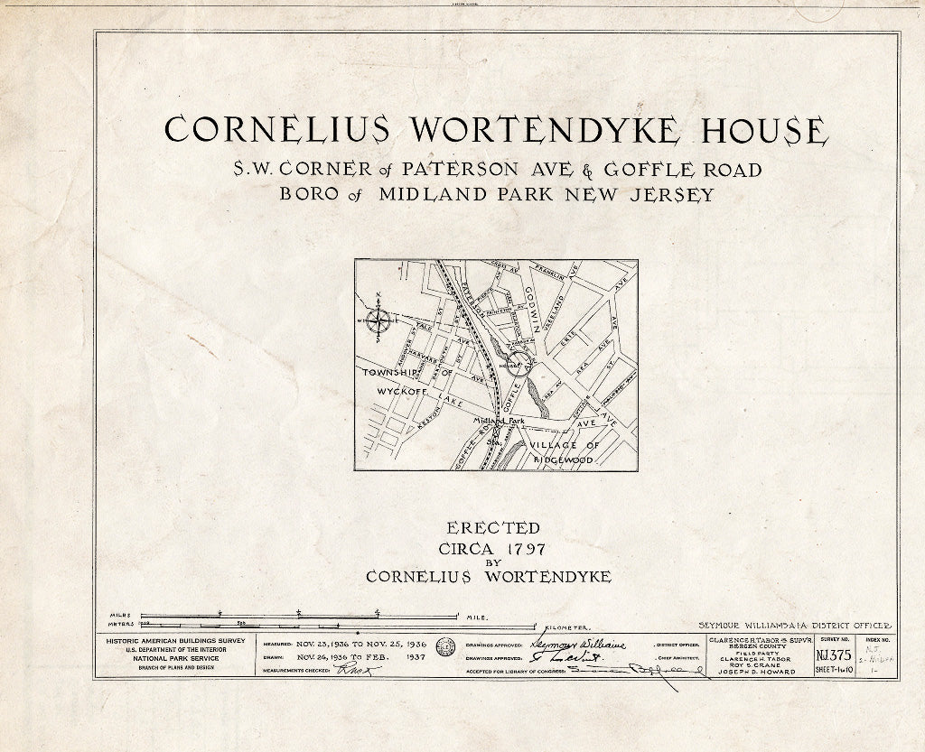 Historic Pictoric : Blueprint HABS NJ,2-MIDPA,1- (Sheet 0 of 10) - Lozier-Wortendyke House, Paterson Avenue & Goffle Road, Midland Park, Bergen County, NJ