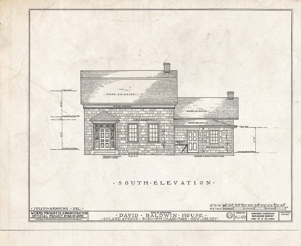 Historic Pictoric : Blueprint HABS NJ,2-MIDPA,2- (Sheet 4 of 18) - David Baldwin House, 60 Lake Avenue, Midland Park, Bergen County, NJ