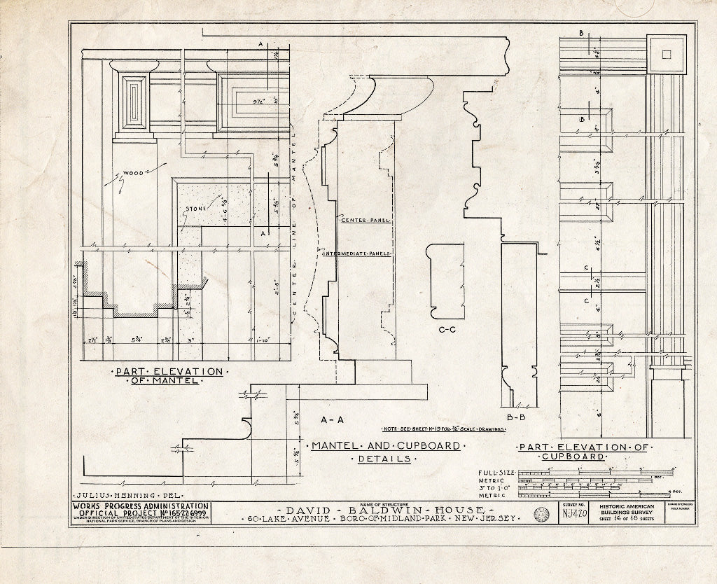 Historic Pictoric : Blueprint HABS NJ,2-MIDPA,2- (Sheet 16 of 18) - David Baldwin House, 60 Lake Avenue, Midland Park, Bergen County, NJ