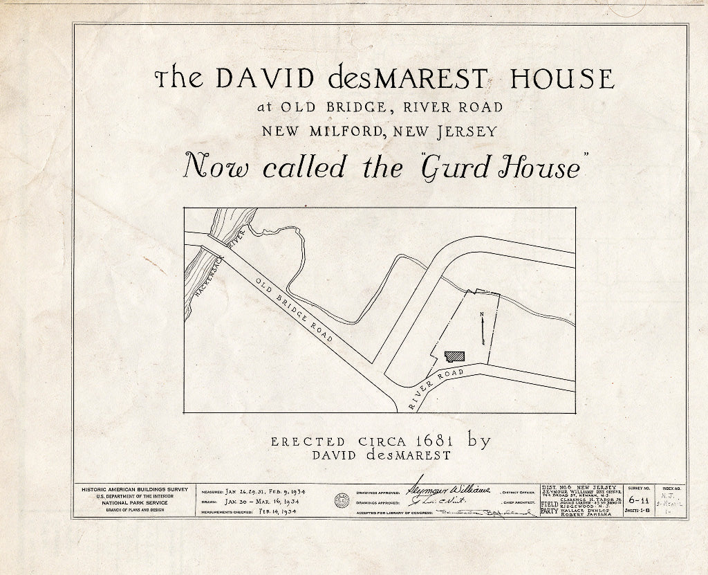 Historic Pictoric : Blueprint HABS NJ,2-NEMIL,1- (Sheet 0 of 8) - David des Marest House, River Road, New Milford, Bergen County, NJ