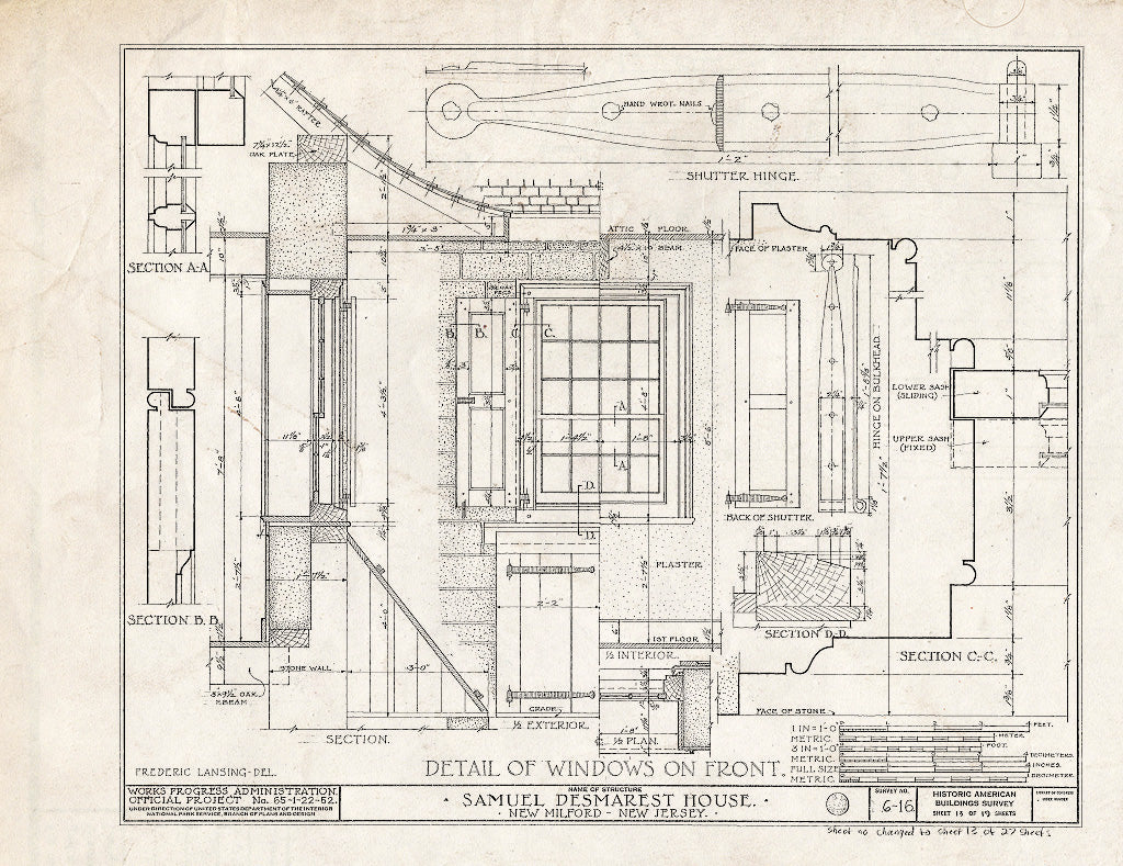 Historic Pictoric : Blueprint HABS NJ,2-NEMIL,2- (Sheet 13 of 27) - Samuel des Marest House, River Road, New Milford, Bergen County, NJ