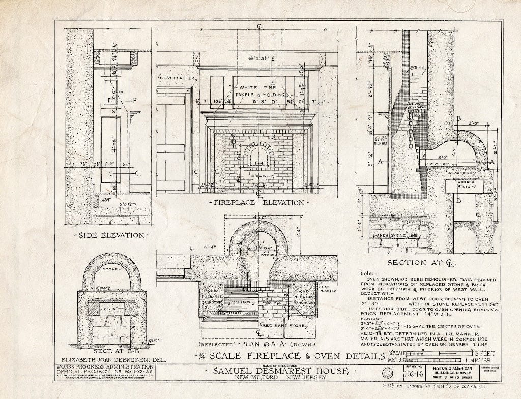 Historic Pictoric : Blueprint HABS NJ,2-NEMIL,2- (Sheet 17 of 27) - Samuel des Marest House, River Road, New Milford, Bergen County, NJ