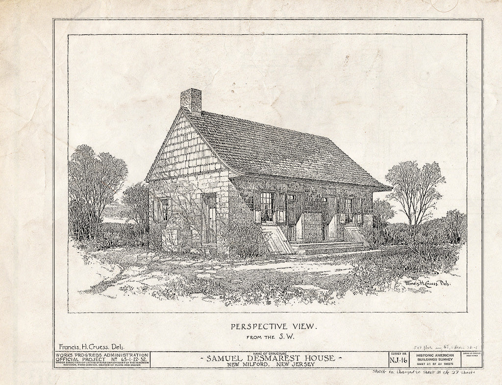 Historic Pictoric : Blueprint HABS NJ,2-NEMIL,2- (Sheet 21 of 27) - Samuel des Marest House, River Road, New Milford, Bergen County, NJ
