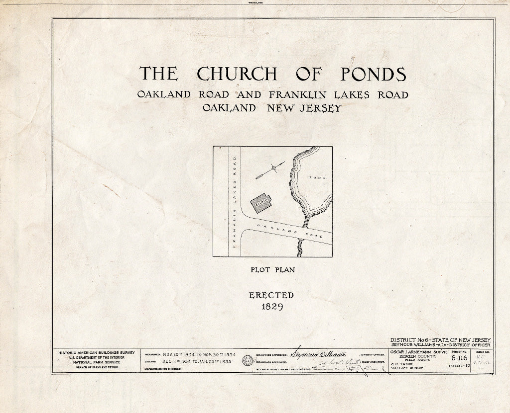 Historic Pictoric : Blueprint HABS NJ,2-OAKL,1- (Sheet 0 of 10) - Church of Ponds, Oakland & Franklin Lakes Road, Oakland, Bergen County, NJ