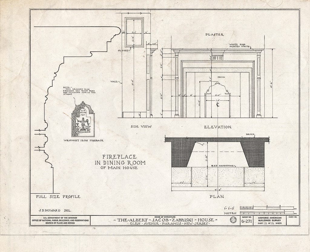Historic Pictoric : Blueprint HABS NJ,2-para,4- (Sheet 12 of 12) - Albert J. Zabriskie House, Glen Avenue, Paramus, Bergen County, NJ