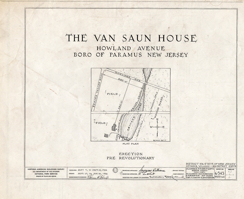 Historic Pictoric : Blueprint HABS NJ,2-para,5- (Sheet 0 of 11) - Van Saun House, Howland Avenue, Paramus, Bergen County, NJ