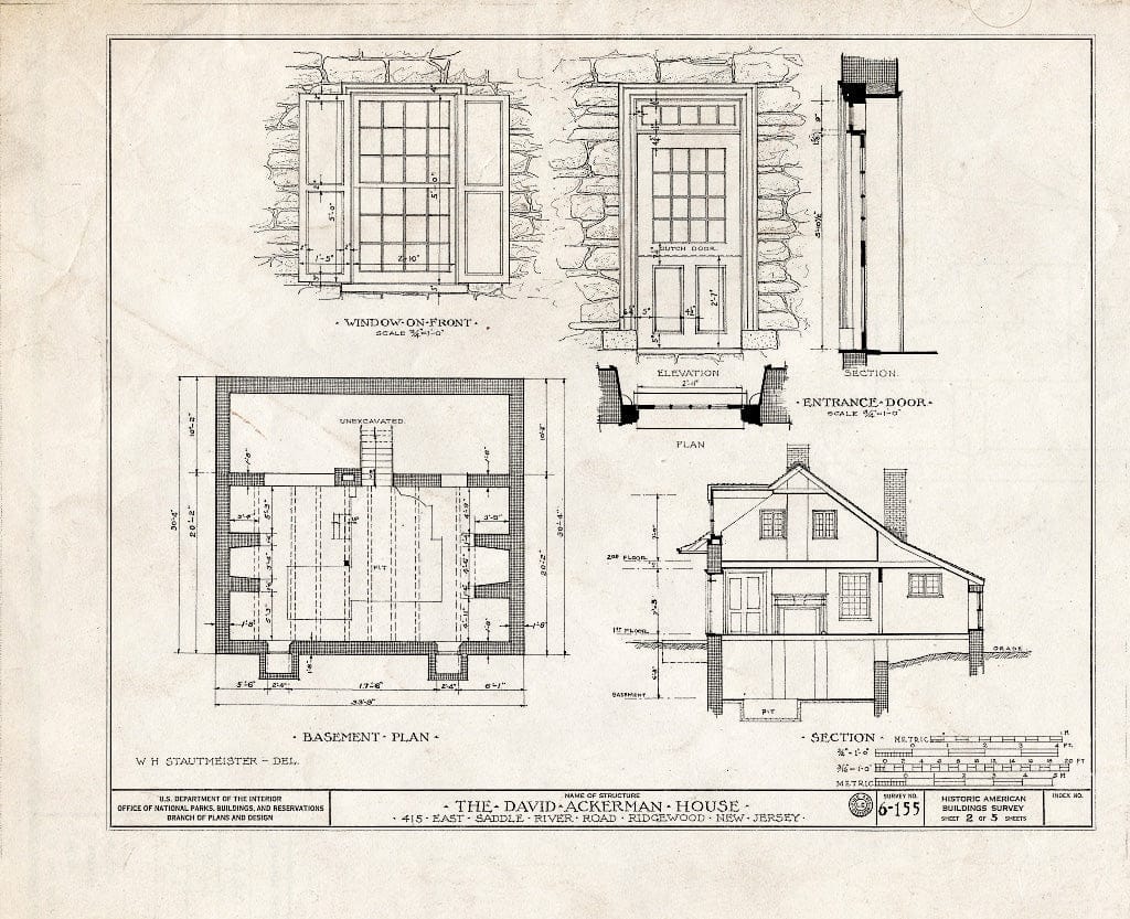 Historic Pictoric : Blueprint HABS NJ,2-RIDGWO,1- (Sheet 2 of 5) - David Ackerman-Naugle House, 415 East Saddle River Road, Ridgewood, Bergen County, NJ