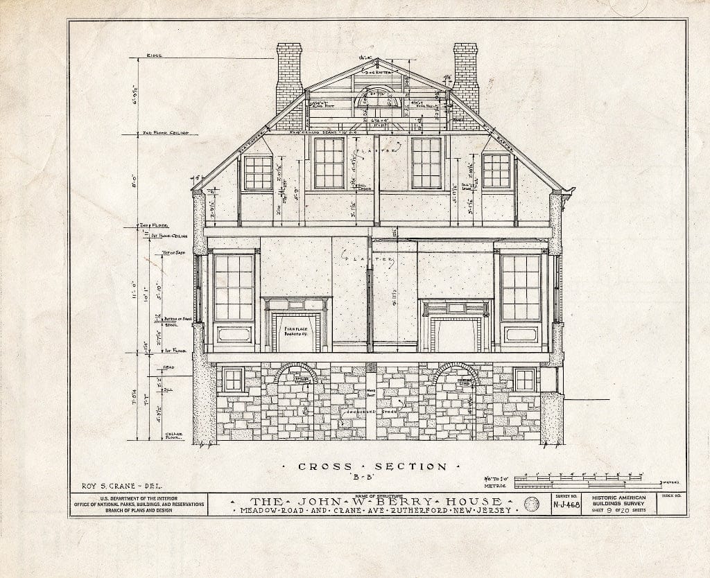 Historic Pictoric : Blueprint HABS NJ,2-Ruth,1- (Sheet 9 of 20) - John W. Berry House, Meadow Road & Crane Avenue, Rutherford, Bergen County, NJ