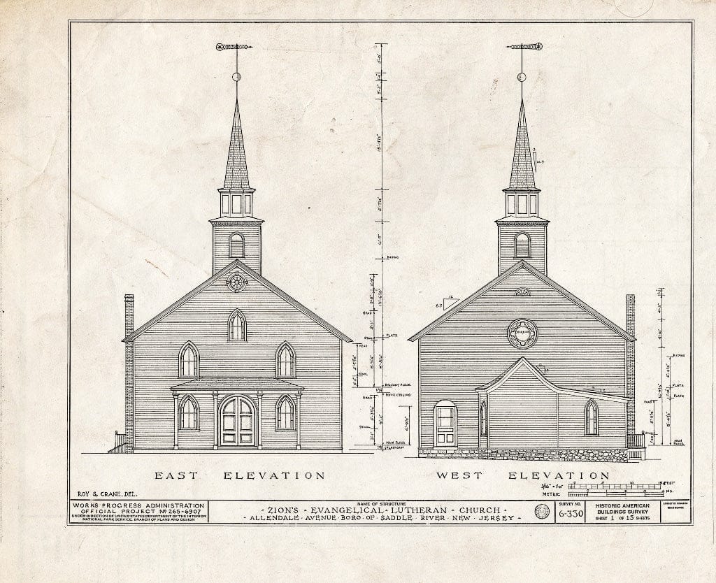 Historic Pictoric : Blueprint HABS NJ,2-SADR,3- (Sheet 1 of 15) - Zion Evangelical Lutheran Church, Allendale Avenue, Saddle River, Bergen County, NJ
