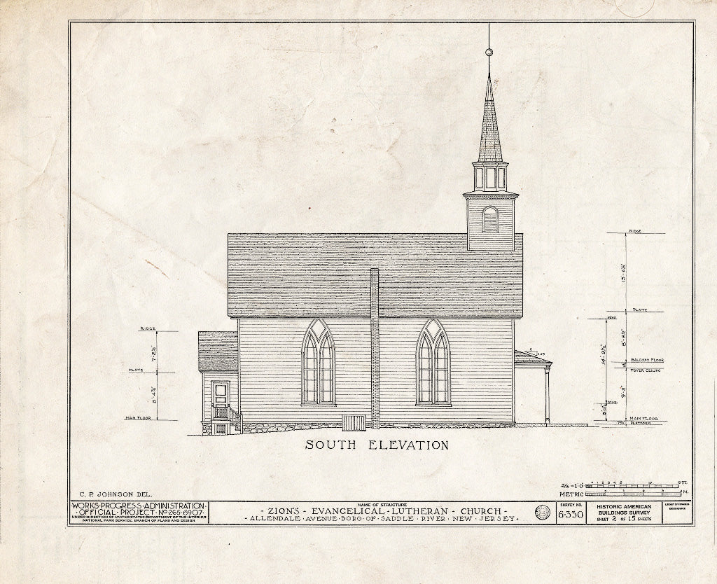 Historic Pictoric : Blueprint HABS NJ,2-SADR,3- (Sheet 2 of 15) - Zion Evangelical Lutheran Church, Allendale Avenue, Saddle River, Bergen County, NJ