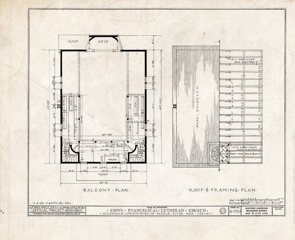 Historic Pictoric : Blueprint HABS NJ,2-SADR,3- (Sheet 8 of 15) - Zion Evangelical Lutheran Church, Allendale Avenue, Saddle River, Bergen County, NJ