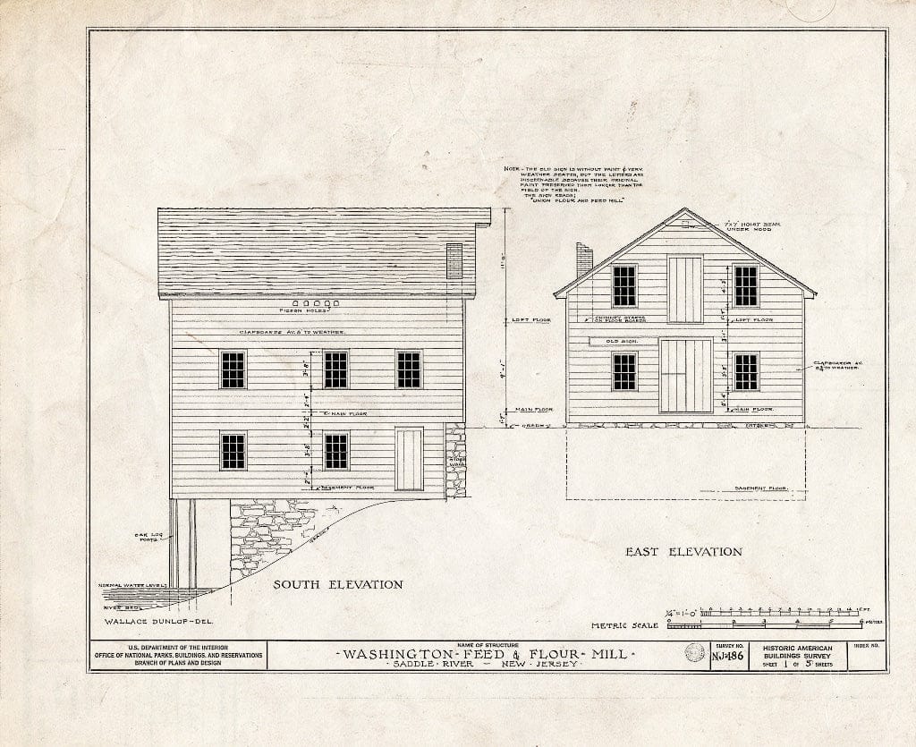 Historic Pictoric : Blueprint HABS NJ,2-SADR,5- (Sheet 1 of 5) - Washington Feed & Flour Mill, East Saddle River Road, Saddle River, Bergen County, NJ