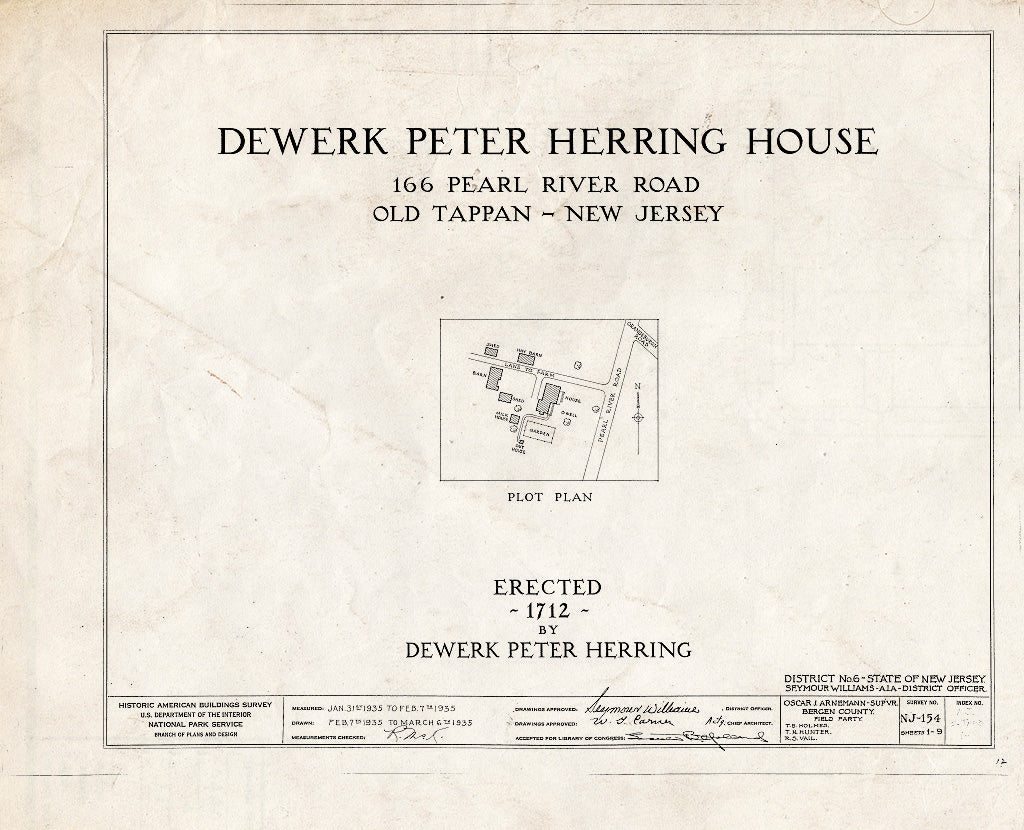 Historic Pictoric : Blueprint HABS NJ,2-TAPO,1- (Sheet 0 of 9) - Dewerk Peter Herring House, 166 Pearl River Road, Old Tappan, Bergen County, NJ