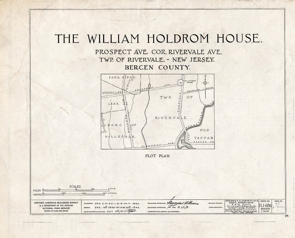 Historic Pictoric : Blueprint HABS NJ,2-TAPO.V,1- (Sheet 0 of 15) - William Holdrom House, Prospect & Rivervale Avenues, Old Tappan, Bergen County, NJ