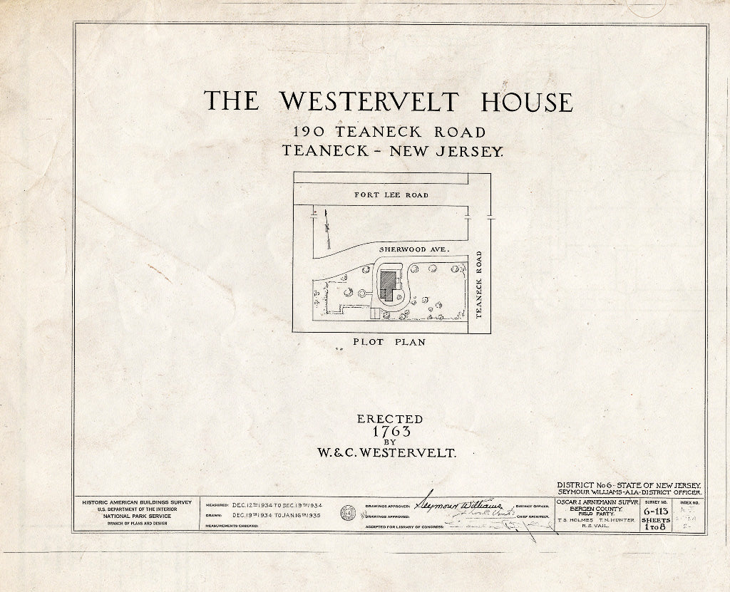 Historic Pictoric : Blueprint HABS NJ,2-Tea,2- (Sheet 0 of 8) - Westervelt House, 190 Teaneck Road, Teaneck, Bergen County, NJ