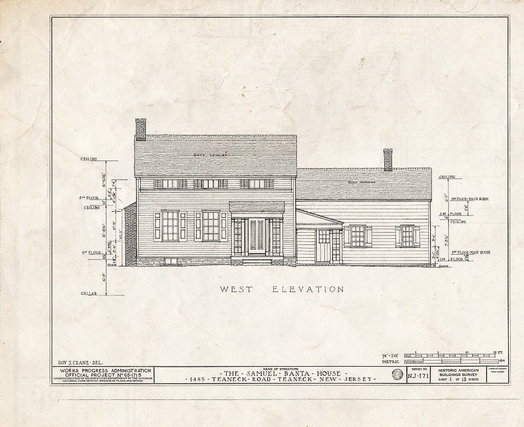 Historic Pictoric : Blueprint HABS NJ,2-Tea,3- (Sheet 1 of 13) - Samuel Banta House, 1485 Teaneck Road, Teaneck, Bergen County, NJ
