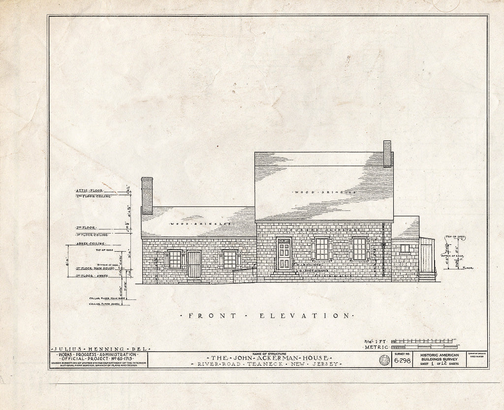 Historic Pictoric : Blueprint HABS NJ,2-Tea,4- (Sheet 1 of 12) - John Ackerman House, 1286 River Road, Teaneck, Bergen County, NJ