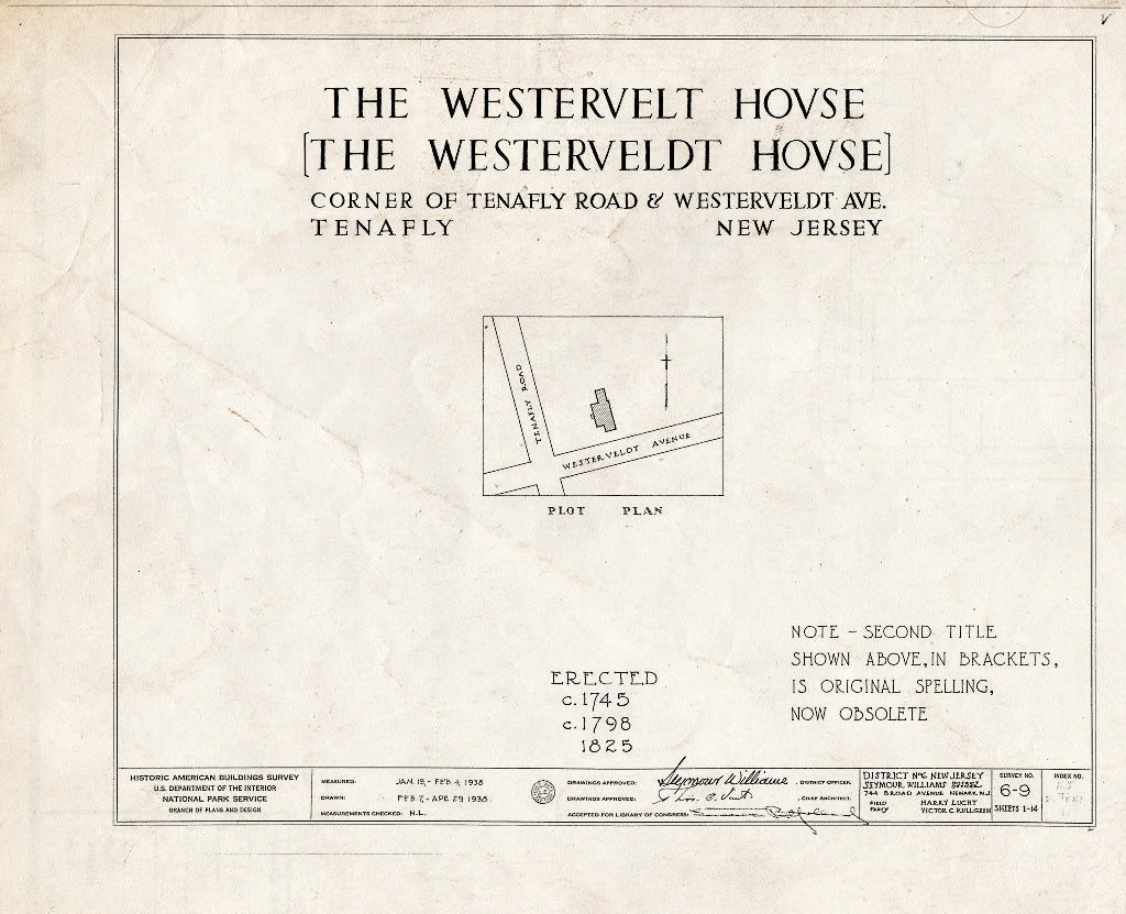 Historic Pictoric : Blueprint HABS NJ,2-TENF,1- (Sheet 0 of 14) - Westervelt House, 256 Tenafly Road, Tenafly, Bergen County, NJ