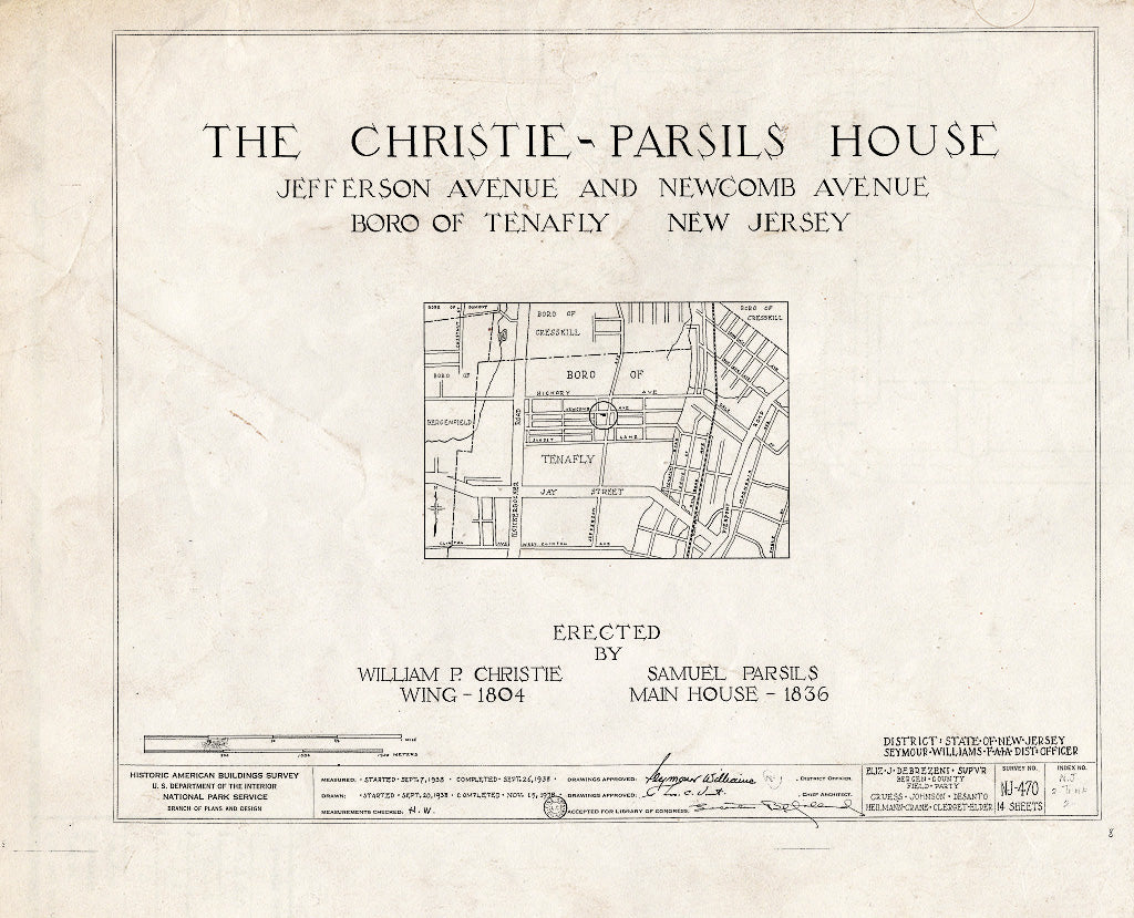 Historic Pictoric : Blueprint HABS NJ,2-TENF,2- (Sheet 0 of 14) - Christie-Parsils House, 195 Jefferson Avenue, Tenafly, Bergen County, NJ