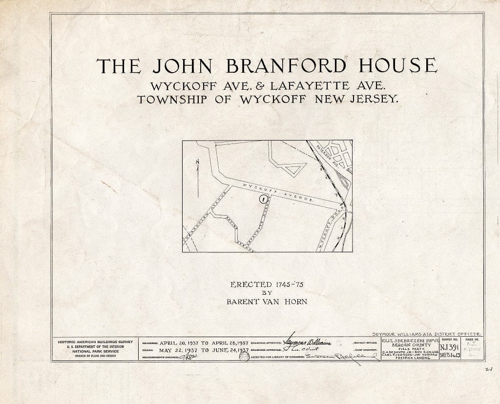 Historic Pictoric : Blueprint HABS NJ,2-WYCK,4- (Sheet 0 of 13) - John Branford House, Lafayette & Wyckoff, Wyckoff, Bergen County, NJ