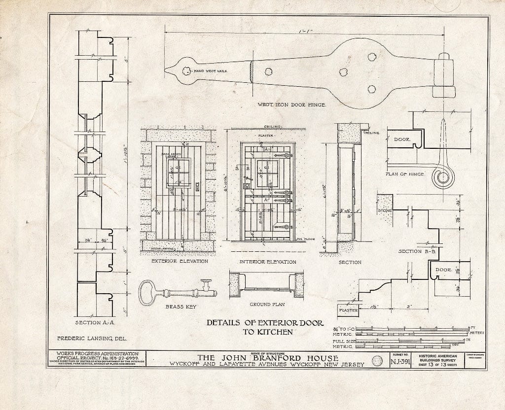Historic Pictoric : Blueprint HABS NJ,2-WYCK,4- (Sheet 13 of 13) - John Branford House, Lafayette & Wyckoff, Wyckoff, Bergen County, NJ