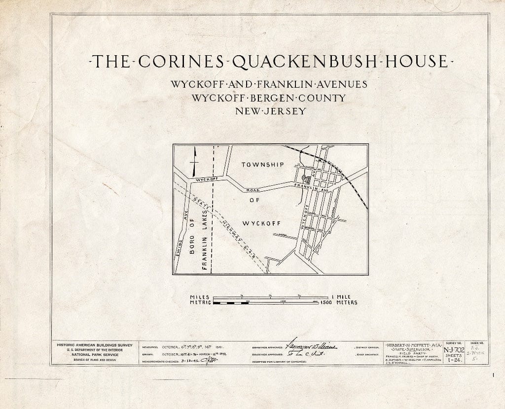 Historic Pictoric : Blueprint HABS NJ,2-WYCK,5- (Sheet 0 of 24) - Corines Quackenbush House, Wyckoff & Franklin Avenues, Wyckoff, Bergen County, NJ