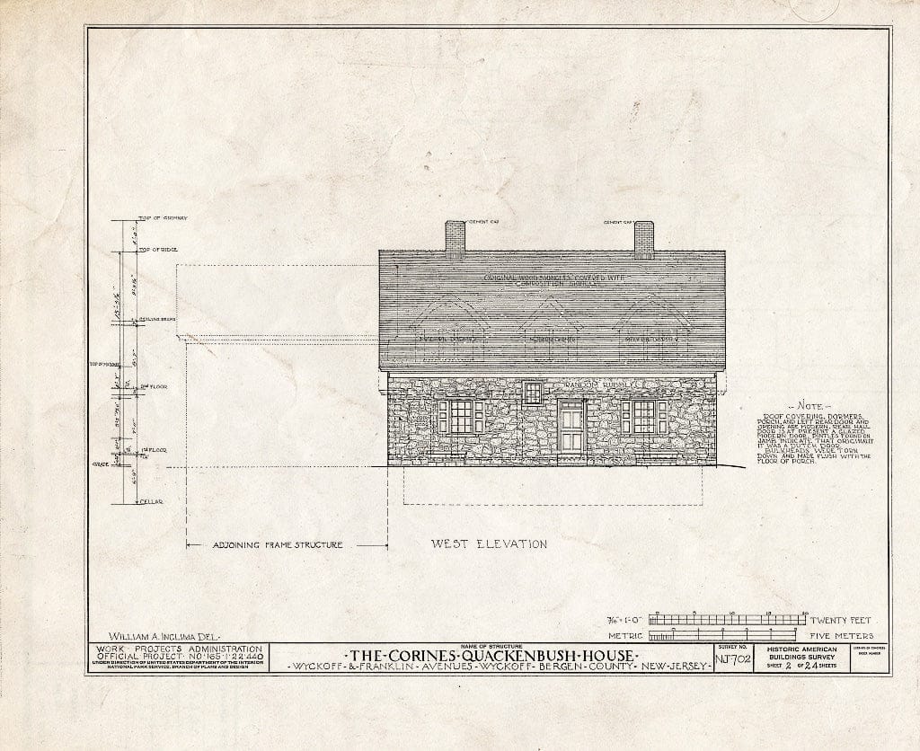 Historic Pictoric : Blueprint HABS NJ,2-WYCK,5- (Sheet 2 of 24) - Corines Quackenbush House, Wyckoff & Franklin Avenues, Wyckoff, Bergen County, NJ