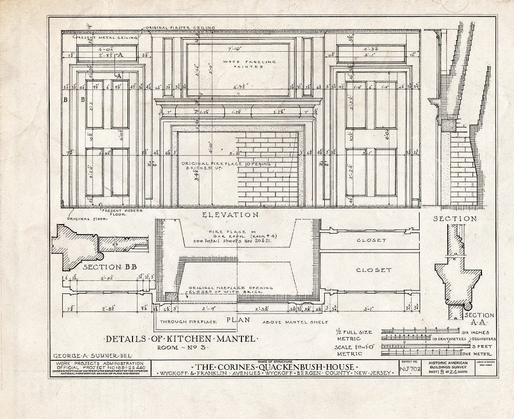 Historic Pictoric : Blueprint HABS NJ,2-WYCK,5- (Sheet 18 of 24) - Corines Quackenbush House, Wyckoff & Franklin Avenues, Wyckoff, Bergen County, NJ