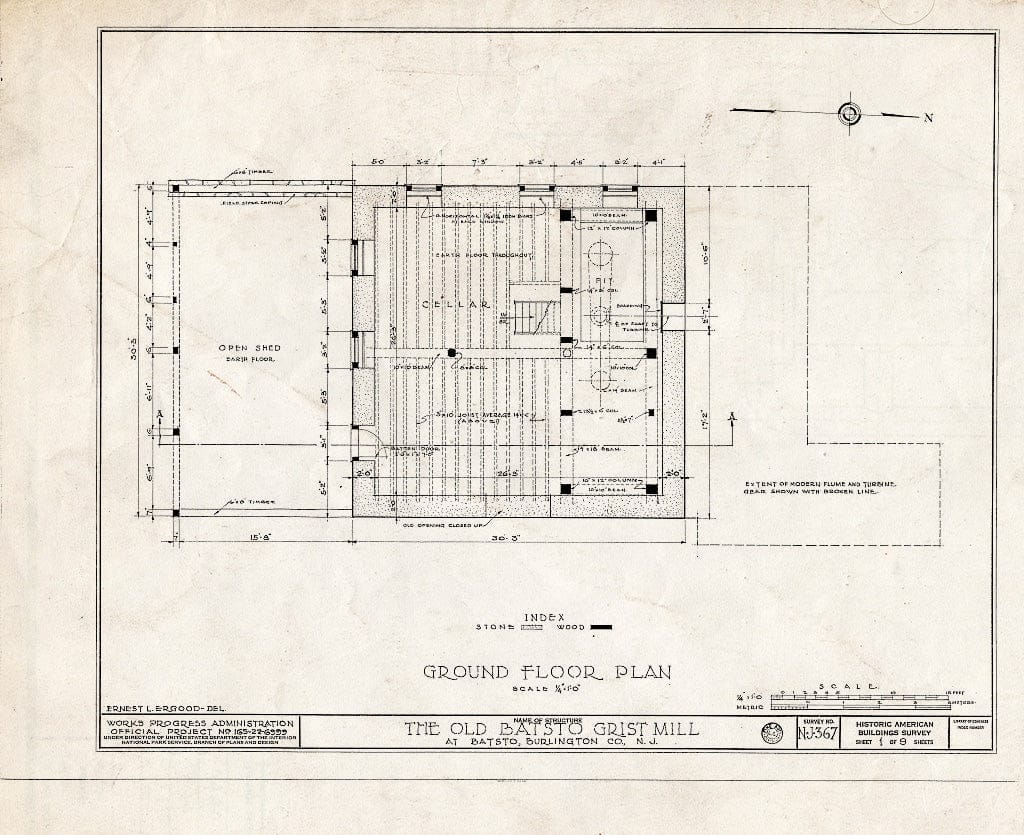 Historic Pictoric : Blueprint HABS NJ,3-BATO,9- (Sheet 1 of 9) - Richards Grist Mill, Batsto, Burlington County, NJ