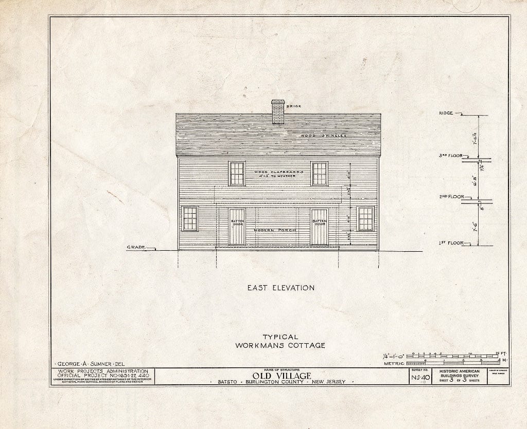 Historic Pictoric : Blueprint HABS NJ,3-BATO,2- (Sheet 3 of 3) - Batsto Village, Typical Workman's Cottage, Batsto, Burlington County, NJ