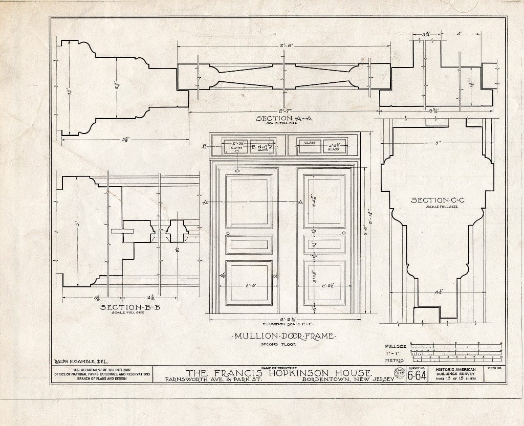 Historic Pictoric : Blueprint HABS NJ,3-Bord,1- (Sheet 13 of 15) - Francis Hopkinson House, Park Street & Farnsworth Avenue, Bordentown, Burlington County, NJ