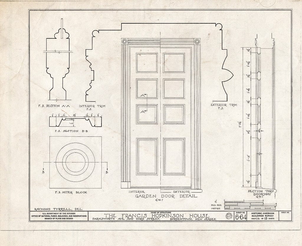 Historic Pictoric : Blueprint HABS NJ,3-Bord,1- (Sheet 14 of 15) - Francis Hopkinson House, Park Street & Farnsworth Avenue, Bordentown, Burlington County, NJ