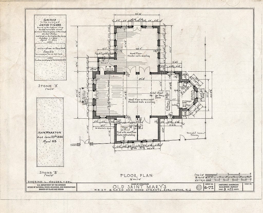 Historic Pictoric : Blueprint HABS NJ,3-BURL,1- (Sheet 3 of 21) - Old St. Mary's Church, West Broad & Wood Streets, Burlington, Burlington County, NJ
