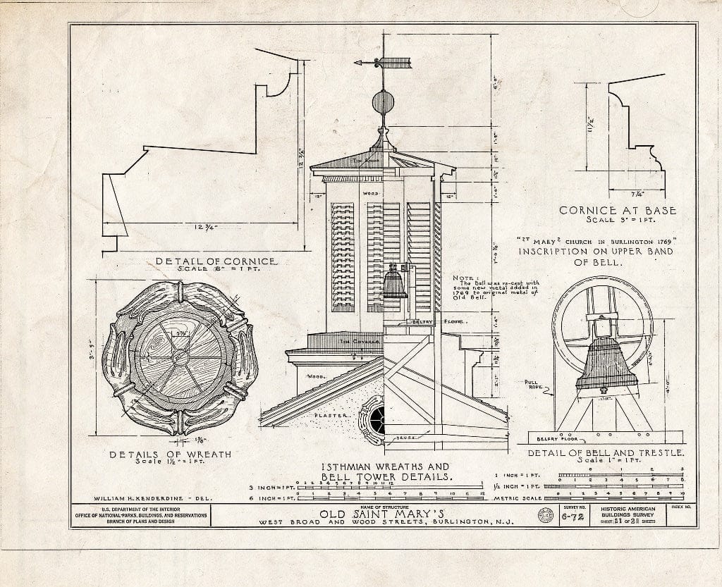 Historic Pictoric : Blueprint HABS NJ,3-BURL,1- (Sheet 11 of 21) - Old St. Mary's Church, West Broad & Wood Streets, Burlington, Burlington County, NJ