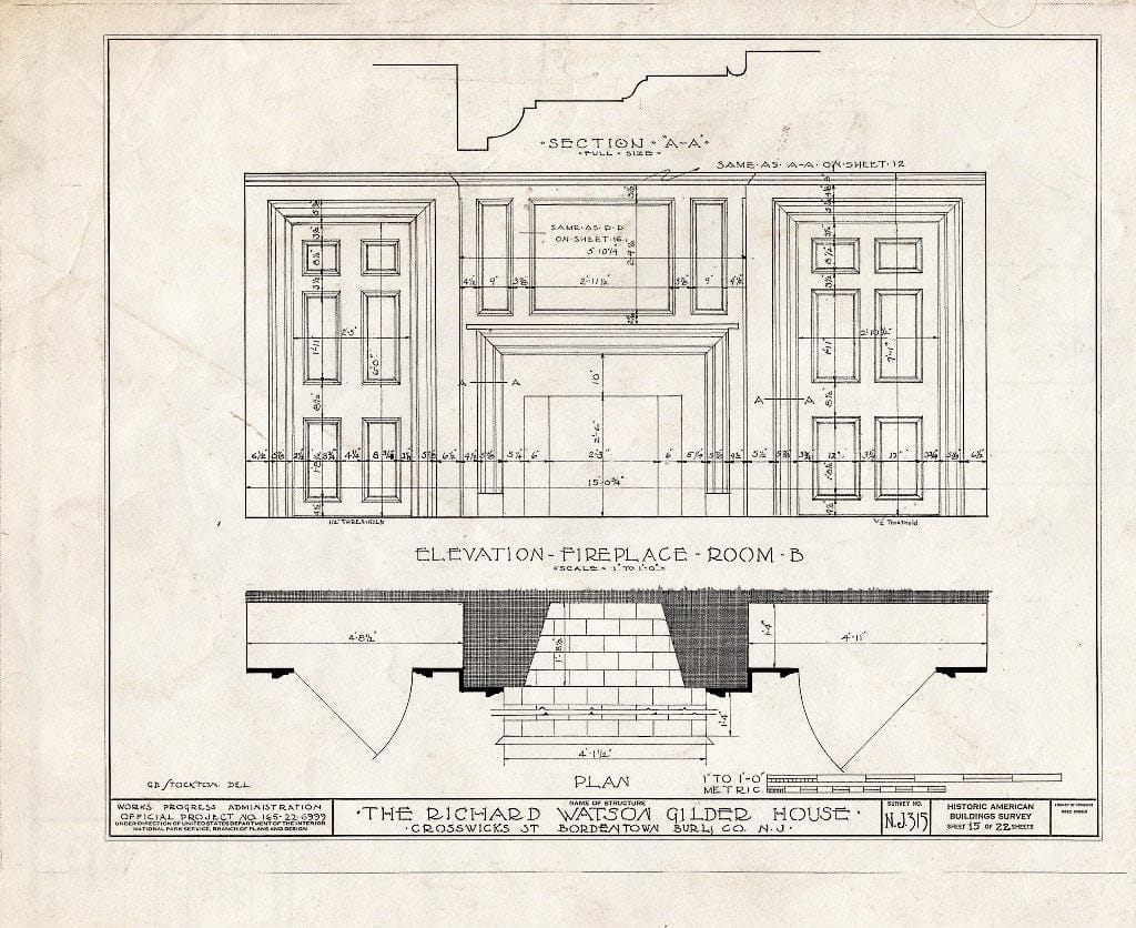 Historic Pictoric : Blueprint HABS NJ,3-Bord,4- (Sheet 15 of 22) - Richard Watson-Gilder House, Bordentown, Burlington County, NJ