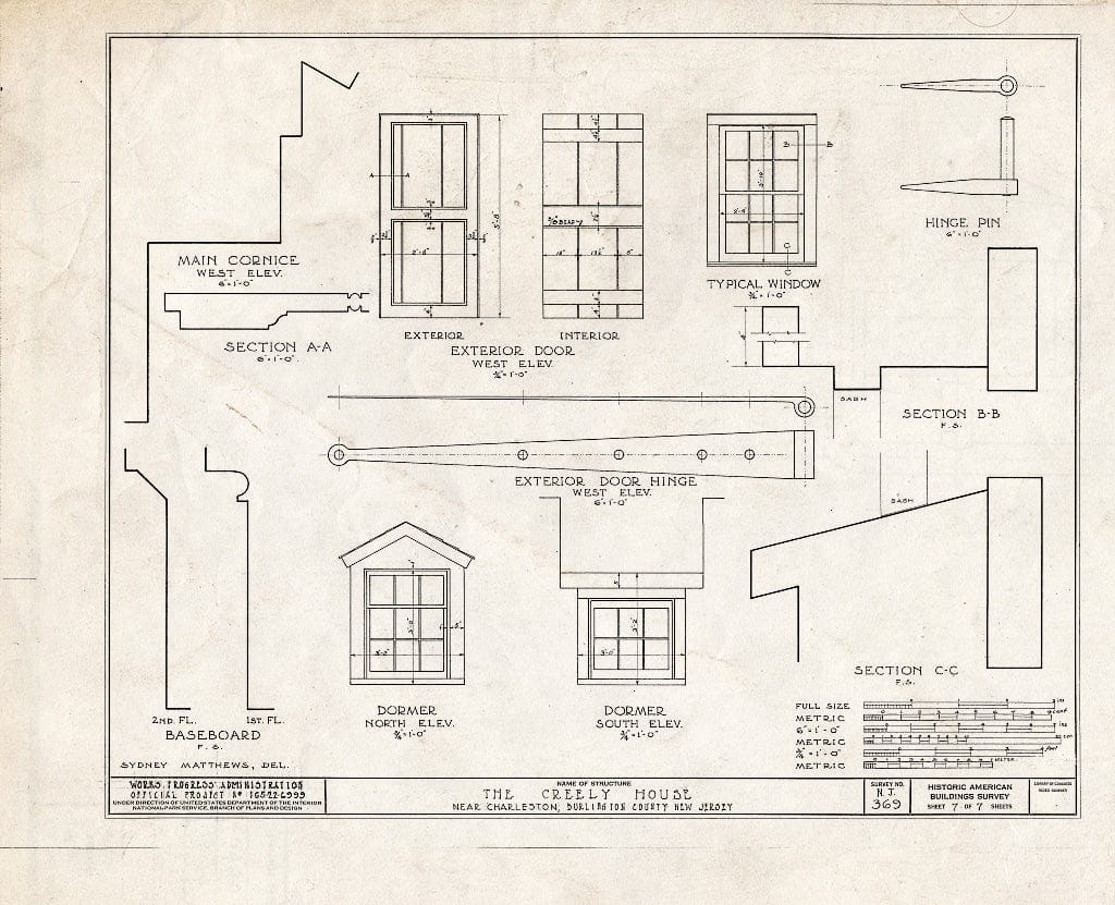 Historic Pictoric : Blueprint HABS NJ,3-Char.V,4- (Sheet 7 of 7) - Rodman-Creely House, Charleston, Burlington County, NJ