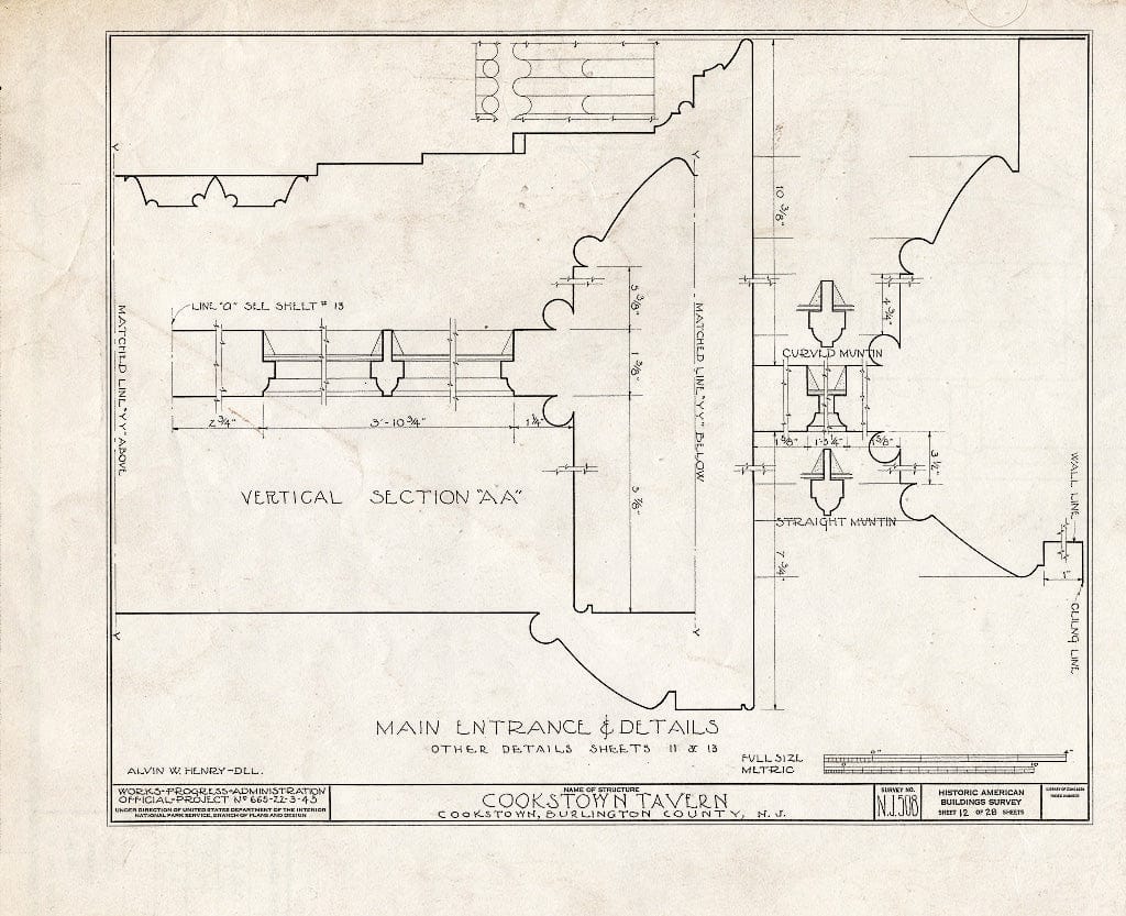 Historic Pictoric : Blueprint HABS NJ,3-Cook,1- (Sheet 12 of 28) - Cookstown Tavern, Main Street & Bunting Bridge Road, Cookstown, Burlington County, NJ