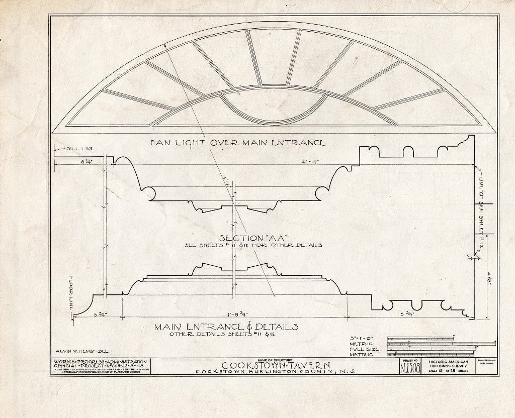 Historic Pictoric : Blueprint HABS NJ,3-Cook,1- (Sheet 13 of 28) - Cookstown Tavern, Main Street & Bunting Bridge Road, Cookstown, Burlington County, NJ