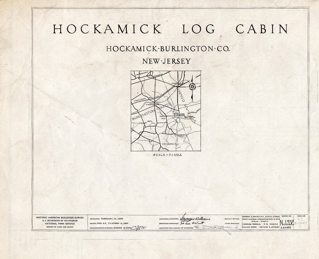 Historic Pictoric : Blueprint HABS NJ,3-Cook.V,1- (Sheet 0 of 1) - Hockamick Log Cabin, Cookstown, Burlington County, NJ