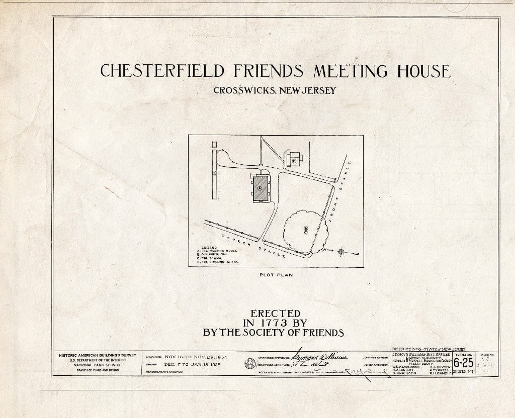Historic Pictoric : Blueprint HABS NJ,3-CROWI,1- (Sheet 0 of 11) - Chesterfield Friends Meeting House, Front & Church Streets, Crosswicks, Burlington County, NJ