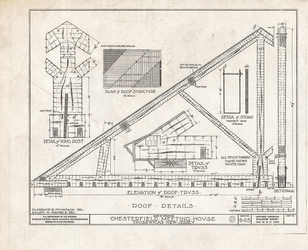 Historic Pictoric : Blueprint HABS NJ,3-CROWI,1- (Sheet 10 of 11) - Chesterfield Friends Meeting House, Front & Church Streets, Crosswicks, Burlington County, NJ