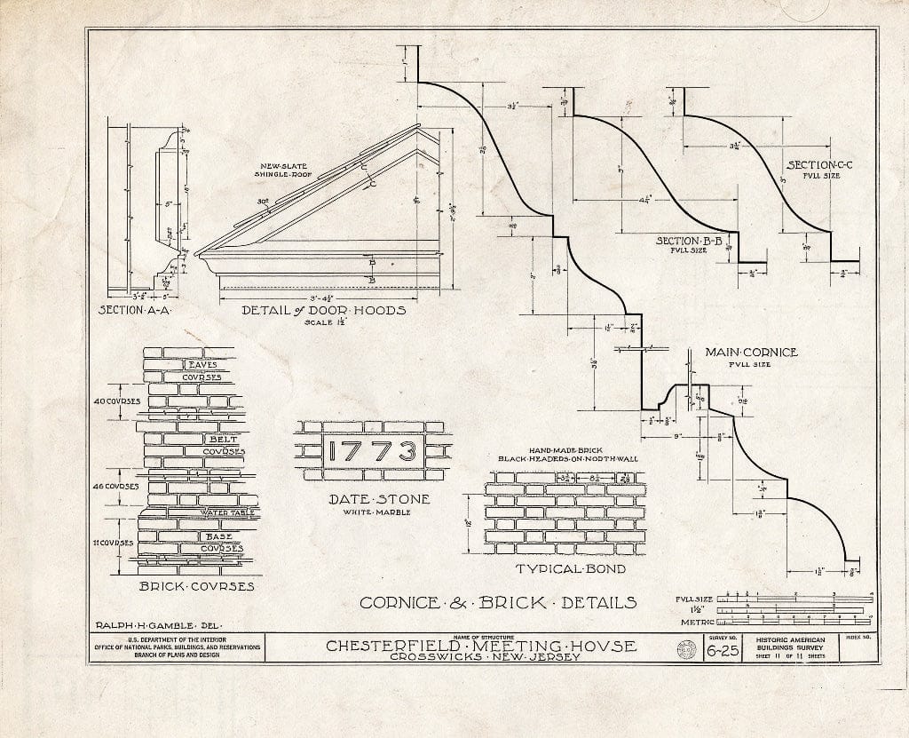 Historic Pictoric : Blueprint HABS NJ,3-CROWI,1- (Sheet 11 of 11) - Chesterfield Friends Meeting House, Front & Church Streets, Crosswicks, Burlington County, NJ