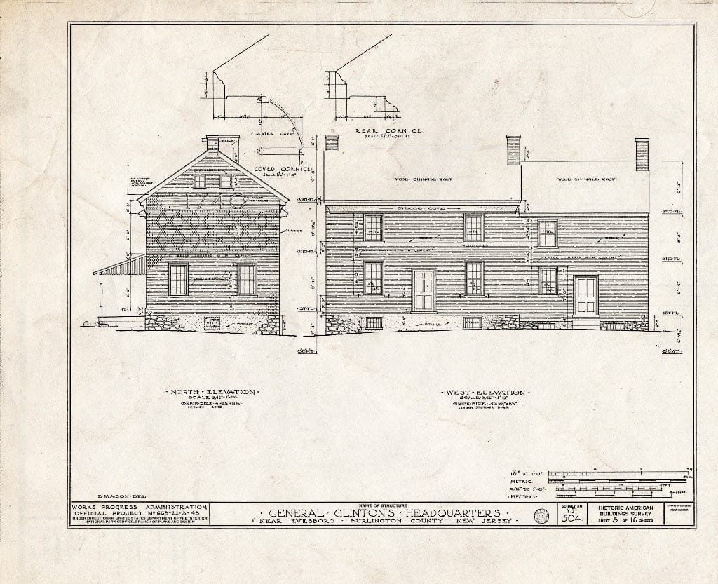 Historic Pictoric : Blueprint HABS NJ,3-EVBO.V,1- (Sheet 3 of 16) - General Clinton Headquarters, Evesboro Road, Evesboro, Burlington County, NJ